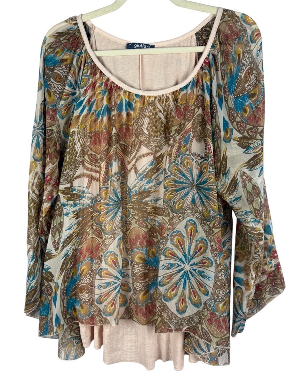 Giulia Made in Italy 100% Silk Sheer Paisley Bohemian Tunic Top L Sequin Trim